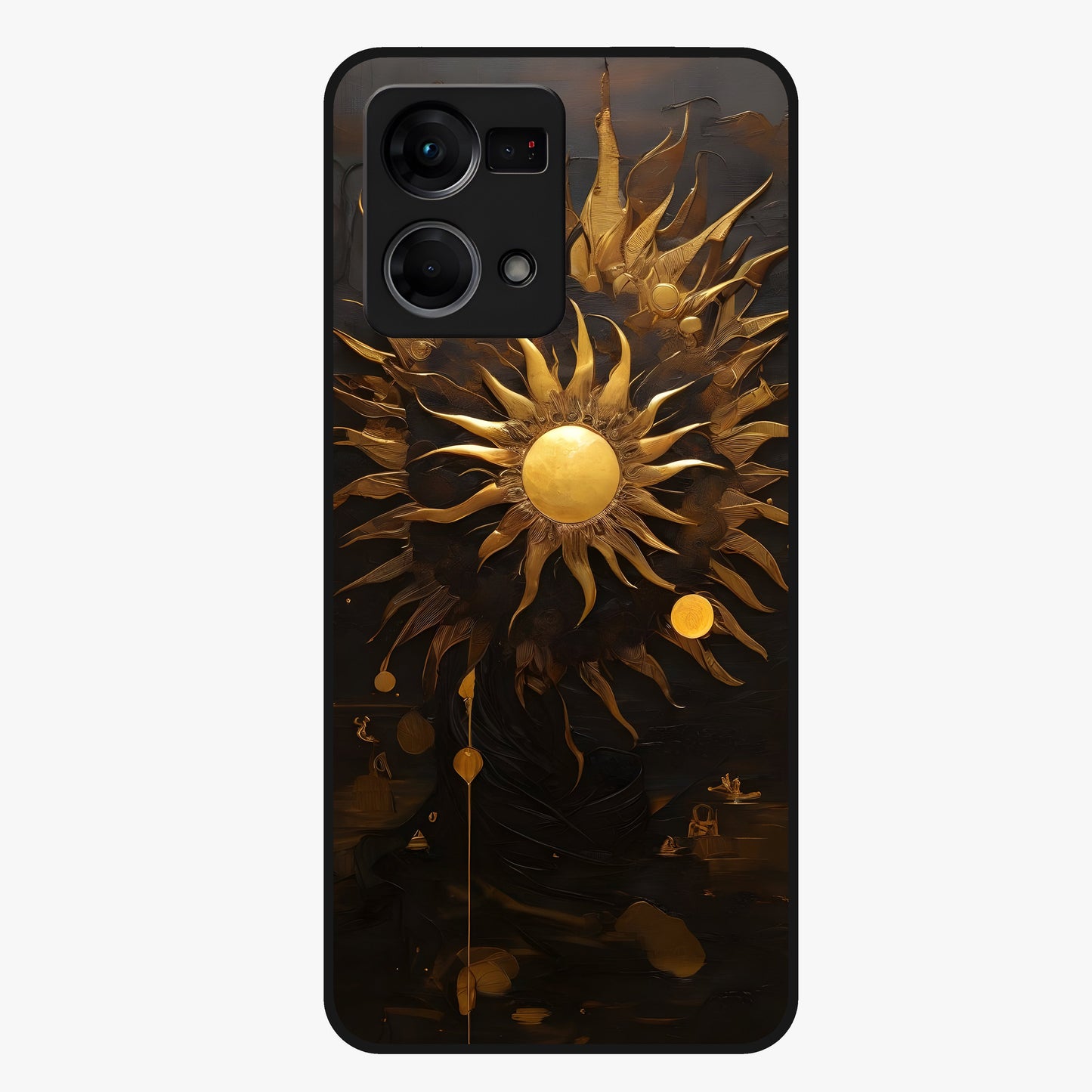 Golden Sun Majesty Glass Case showing flat back view with radiant golden sun artwork and glossy glass finish.