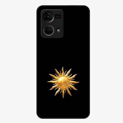 Golden Sun Minimalism Glass Case showing flat back view with minimal golden sun artwork and glossy glass finish.