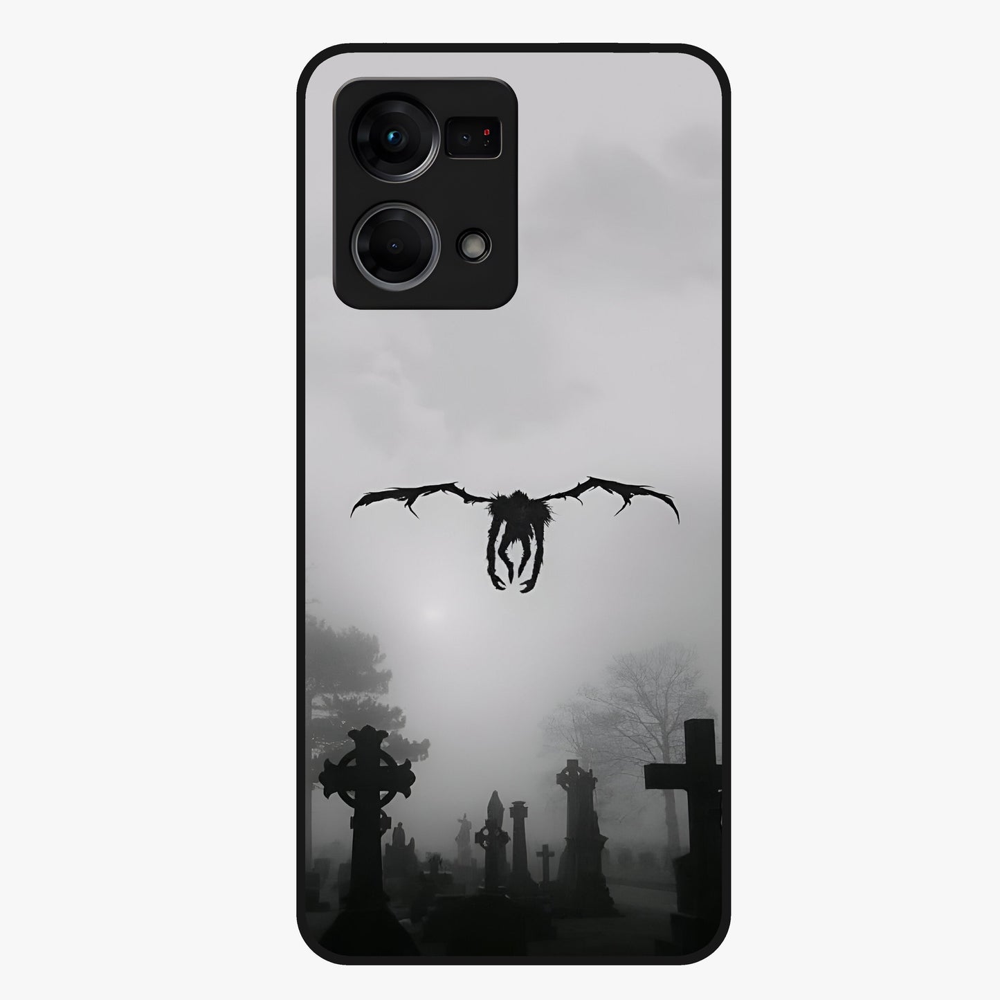 Graveyard Shadow Descent Glass Case showing flat back view with dark graveyard themed artwork and glossy glass finish.