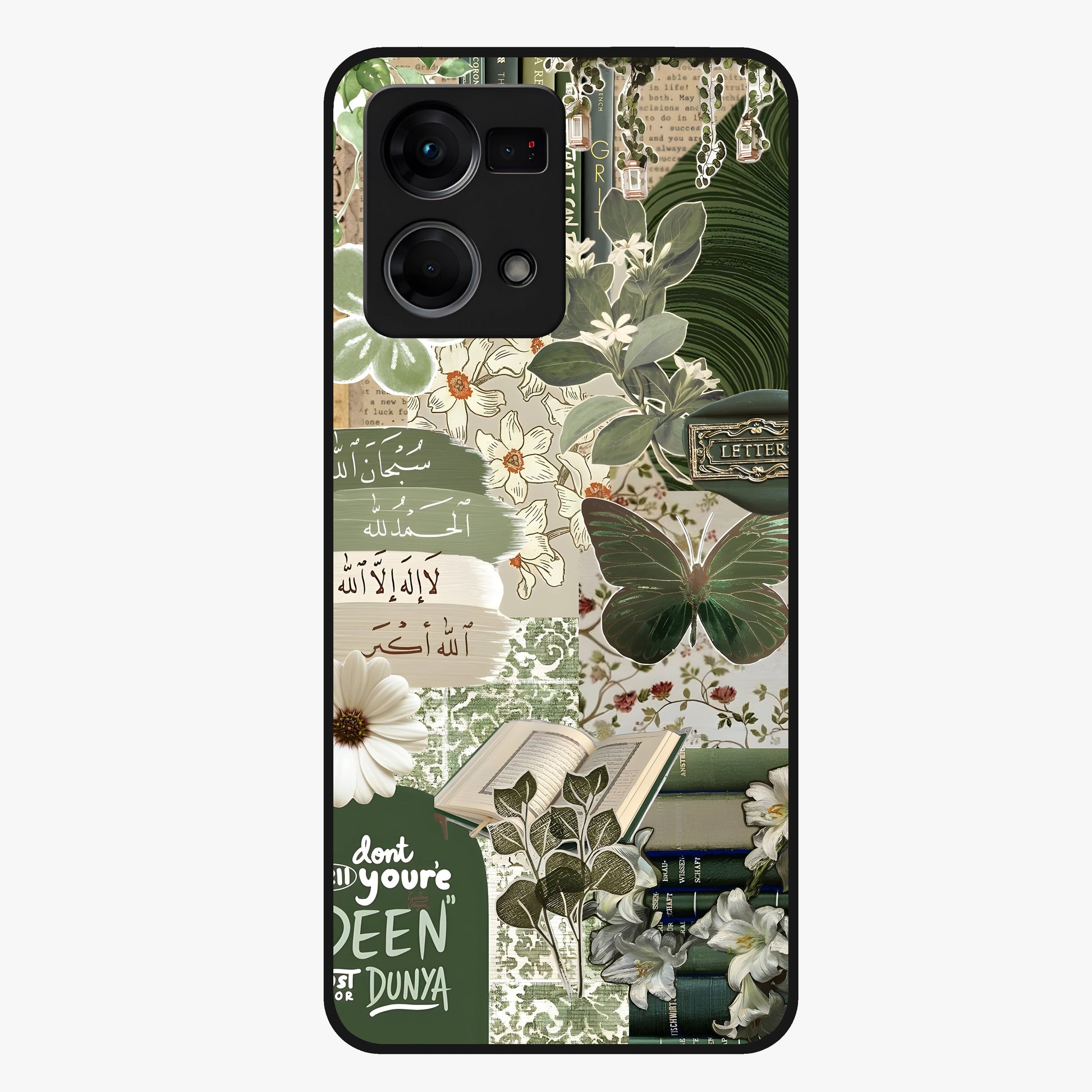Green Islamic Books Quotes Glass Case showing flat back view with Islamic quotes and book themed artwork and glossy glass finish.