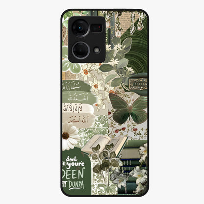 Green Islamic Books Quotes Glass Case showing flat back view with Islamic quotes and book themed artwork and glossy glass finish.