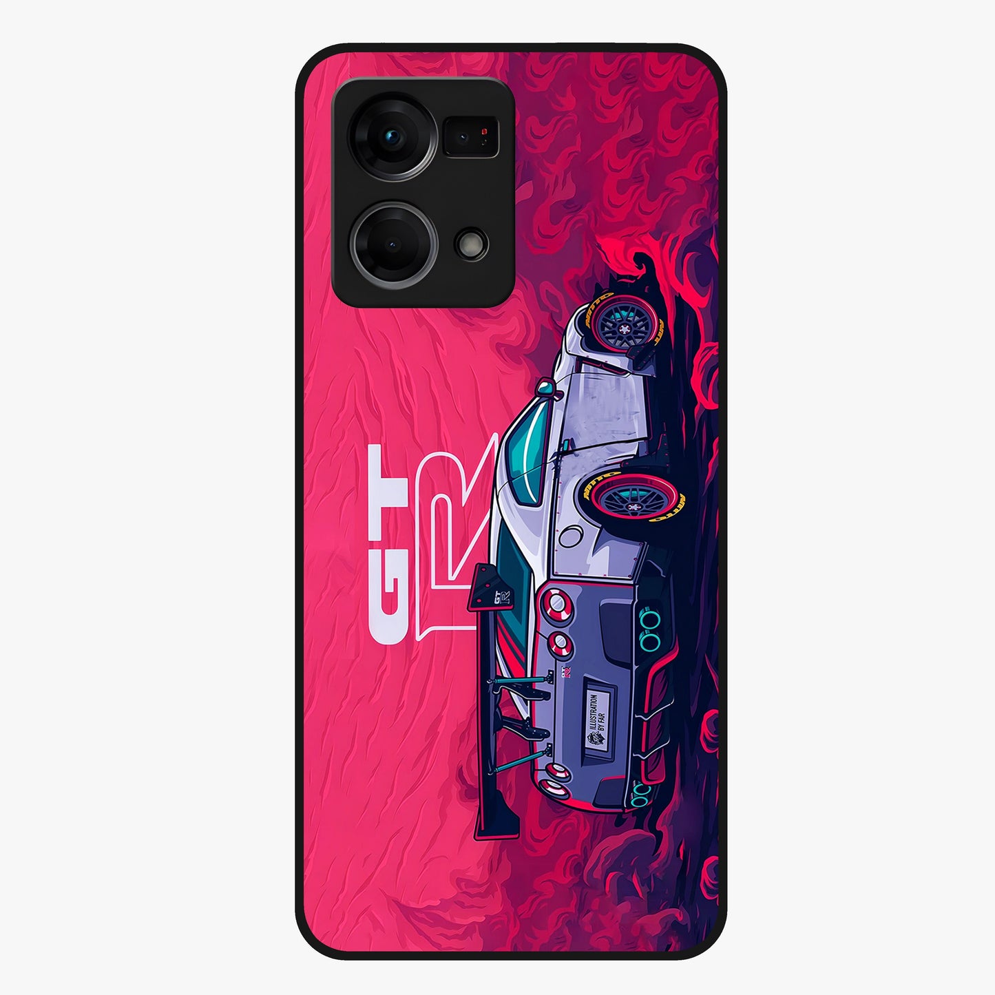 GT-R Car Pattern Glass Case showing flat back view with sporty car inspired pattern artwork and glossy glass finish.