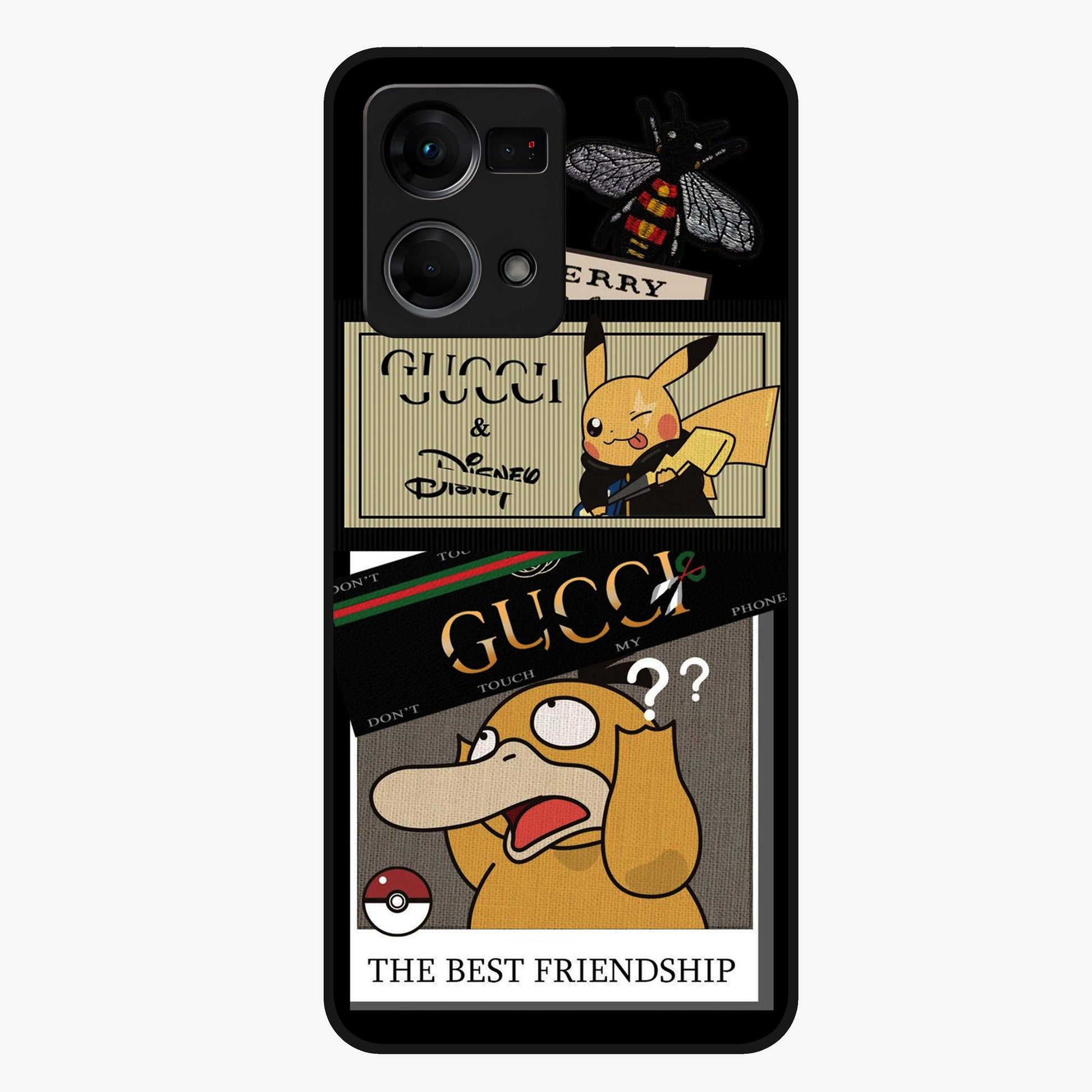 Gucci Play Mashup Glass Case showing flat back view with luxury inspired graphic artwork and glossy glass finish.