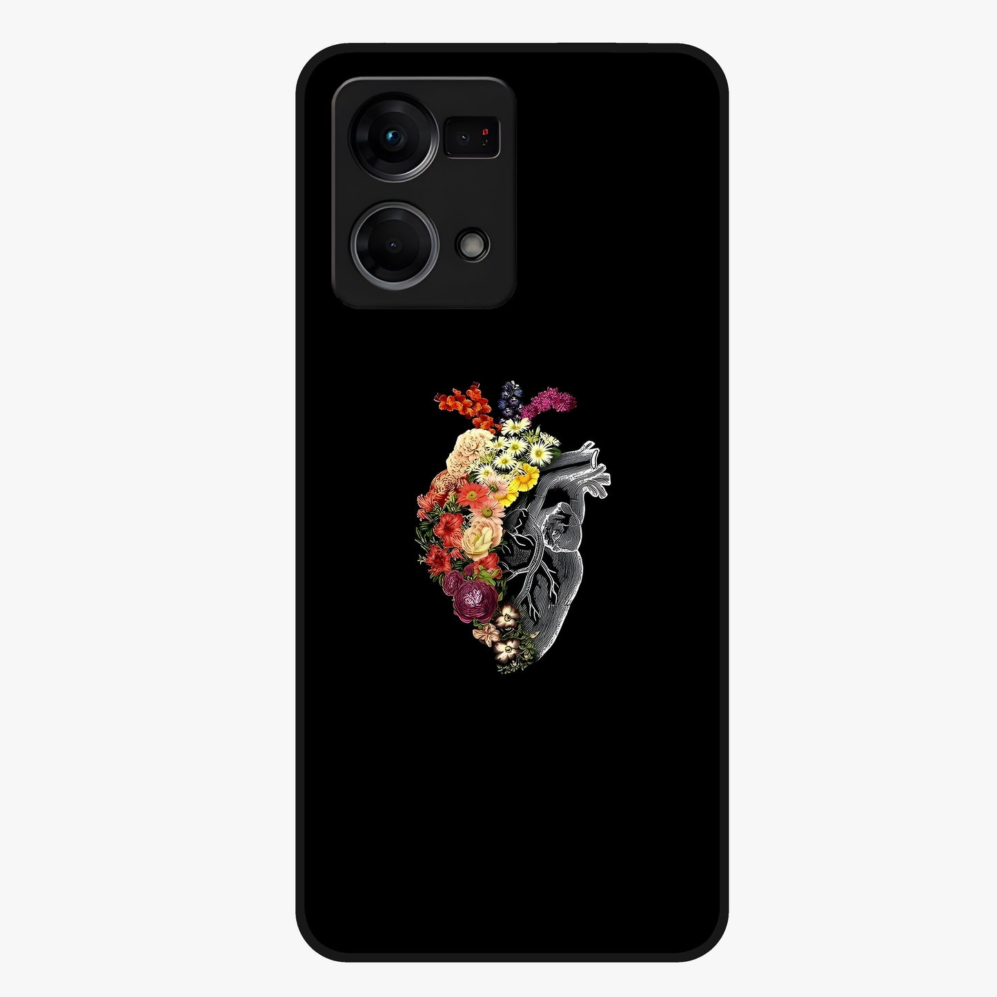 Heart With Flowers Glass Case showing flat back view with heart shaped floral artwork and glossy glass finish.