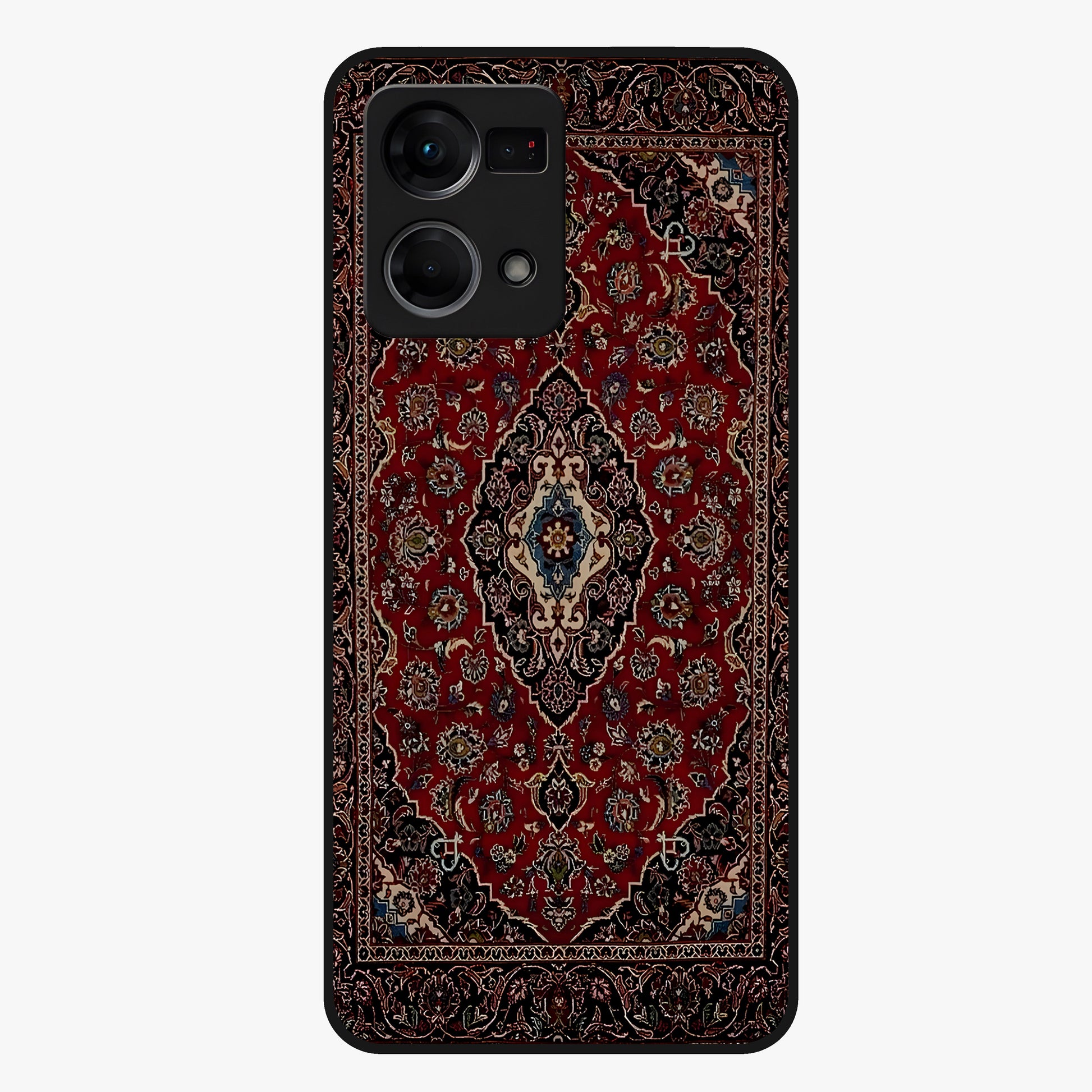 Heritage Carpet Royale Glass Case showing flat back view with ornate Persian carpet inspired pattern and glossy glass finish.