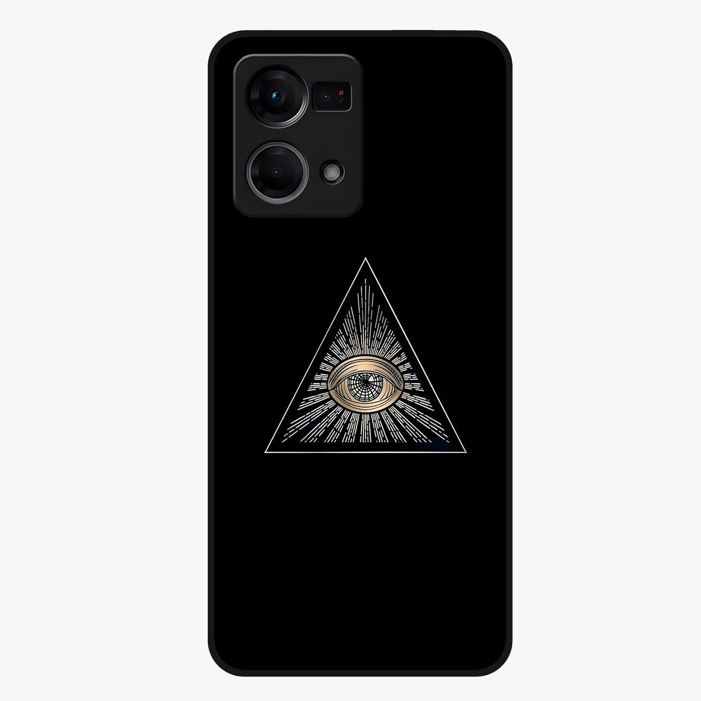 Illuminati Evil Glass Case showing flat back view with mysterious illuminati symbol artwork and glossy glass finish.