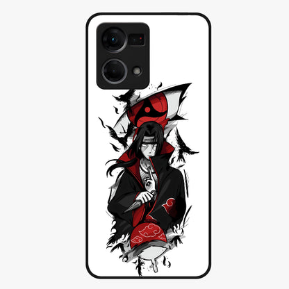 Itachi Sharingan Glass Case showing flat back view with powerful anime eye artwork and glossy glass finish.