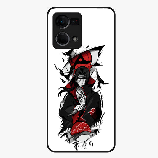 Itachi Sharingan Glass Case showing flat back view with powerful anime eye artwork and glossy glass finish.