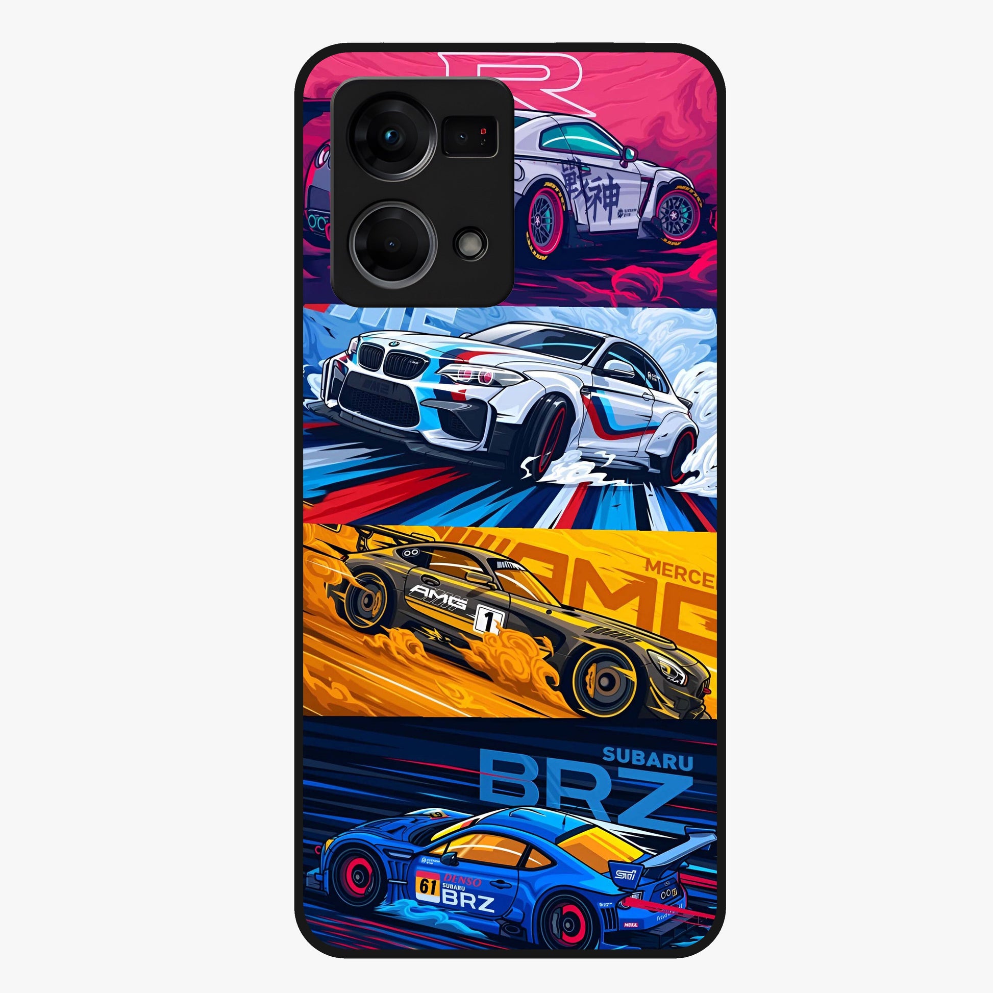 JDM Sports Car Glass Case showing flat back view with high performance sports car artwork and glossy glass finish.