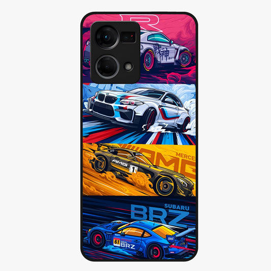 JDM Sports Car Glass Case showing flat back view with high performance sports car artwork and glossy glass finish.