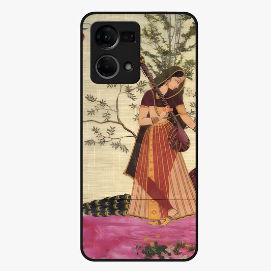Lady With Veena Art Glass Case showing flat back view with elegant woman playing veena artwork and glossy glass finish.