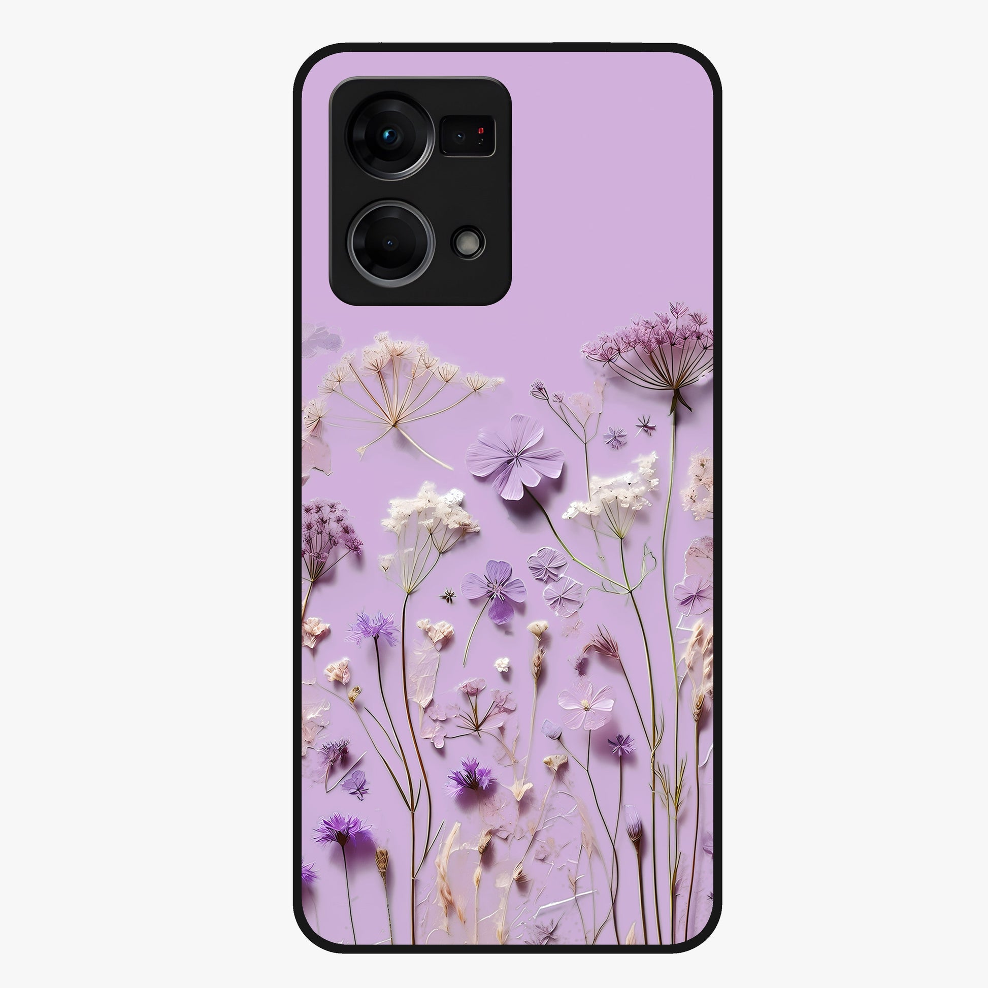 Lavender Blossom Dream Glass Case showing flat back view with soft lavender floral artwork and glossy glass finish.