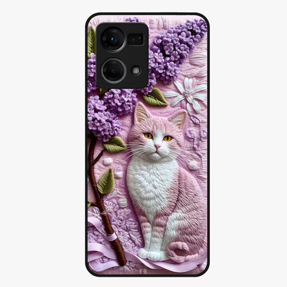 Lavender Cat Whimsy Glass Case showing flat back view with cute lavender cat artwork and glossy glass finish.
