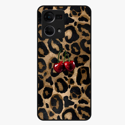 Leopard Wild Cherry Glass Case showing flat back view with leopard pattern and cherry artwork and glossy glass finish.