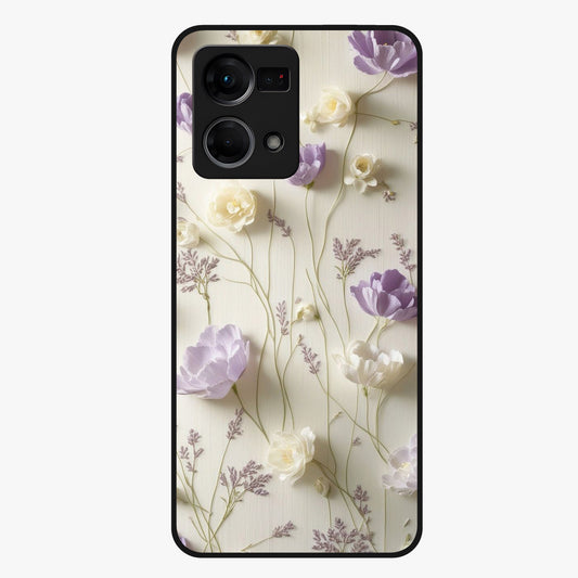Lilac Breeze Harmony Glass Case showing flat back view with soft lilac themed artwork and glossy glass finish.