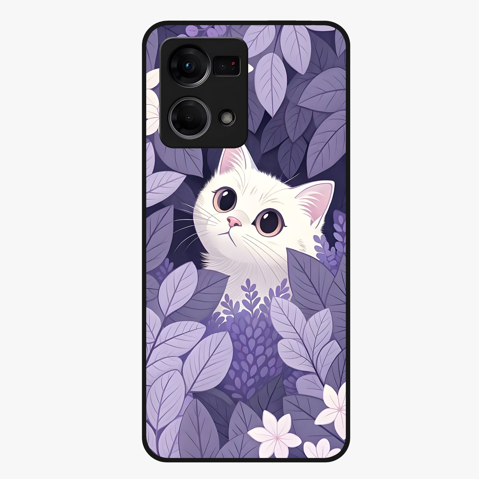Lilac Hide Peek Cat Glass Case showing flat back view with cute peeking cat artwork and glossy glass finish.