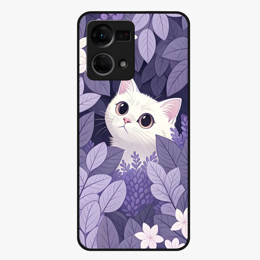 Lilac Hide Peek Cat Glass Case showing flat back view with cute peeking cat artwork and glossy glass finish.