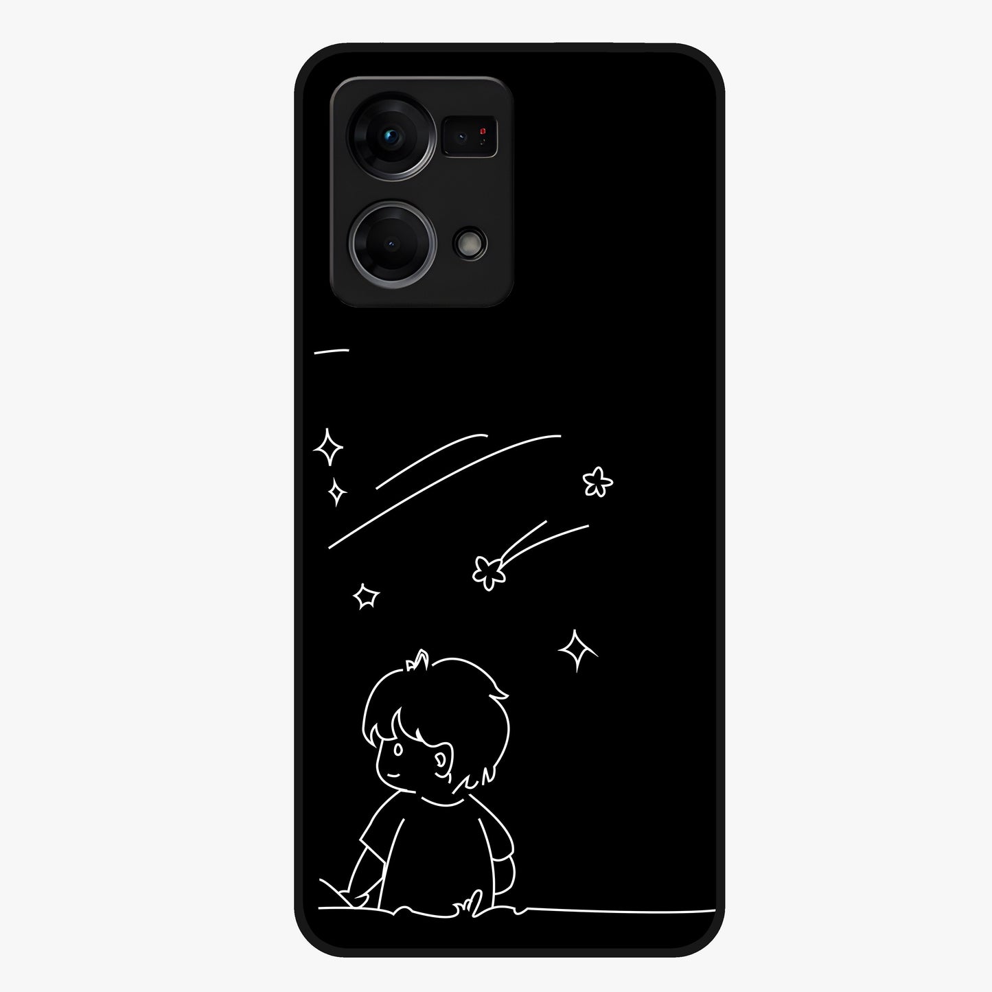 Line Art Boy With Shooting Stars Glass Case showing flat back view with minimal line art boy and shooting stars illustration and glossy glass finish.