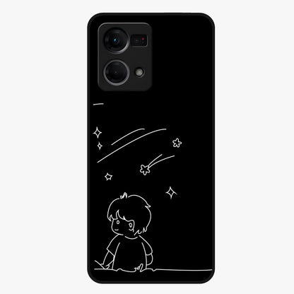 Line Art Boy With Shooting Stars Glass Case showing flat back view with minimal line art boy and shooting stars illustration and glossy glass finish.