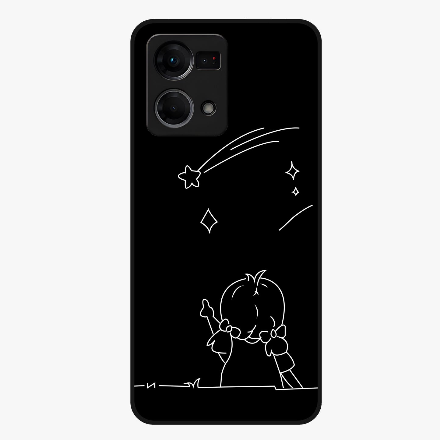 Line Art Girl With Shooting Stars Glass Case showing flat back view with minimal line art girl and shooting stars illustration and glossy glass finish.