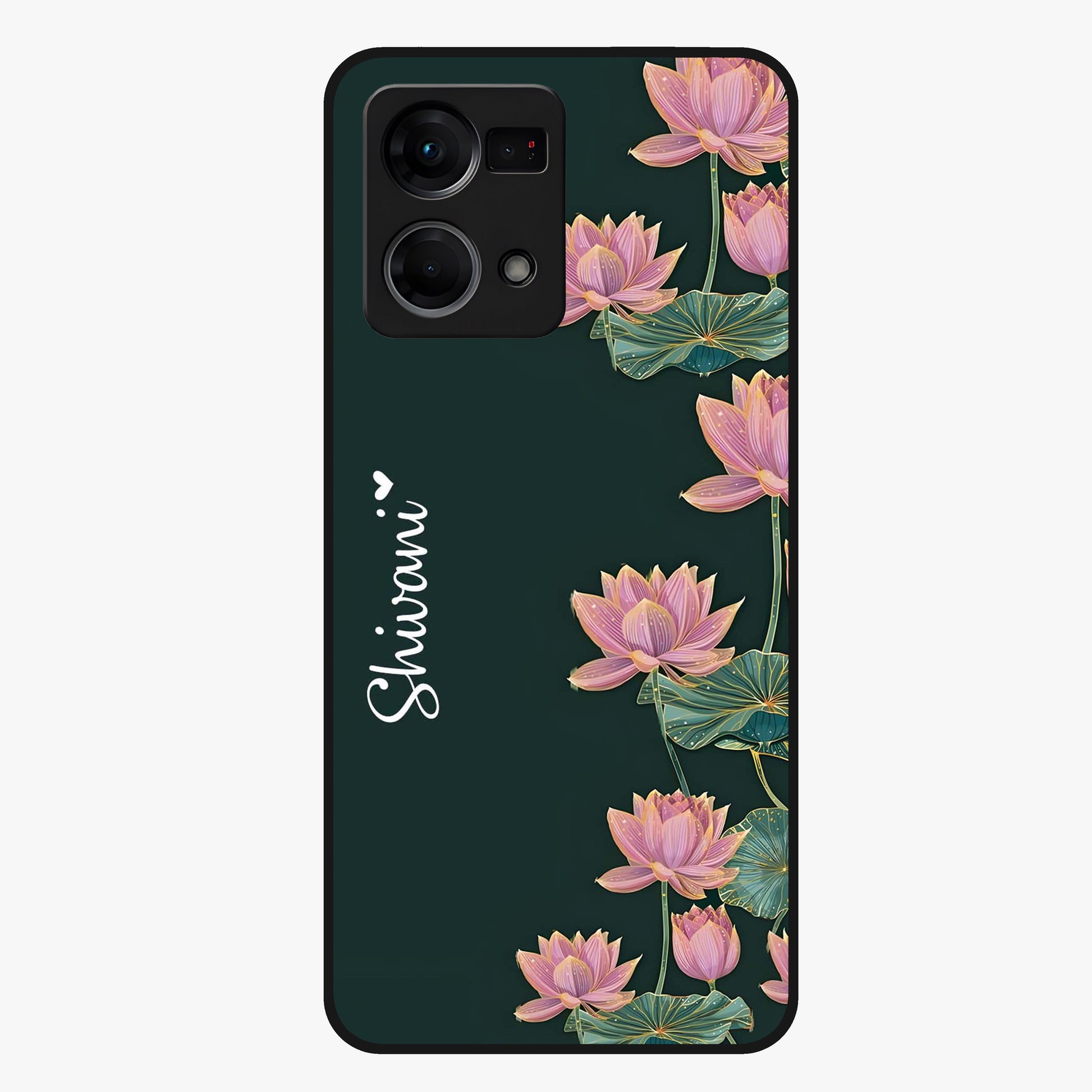 Lotus Bloom Serenity Custom Name Glass Case showing flat back view with elegant lotus flower artwork and personalized name design.