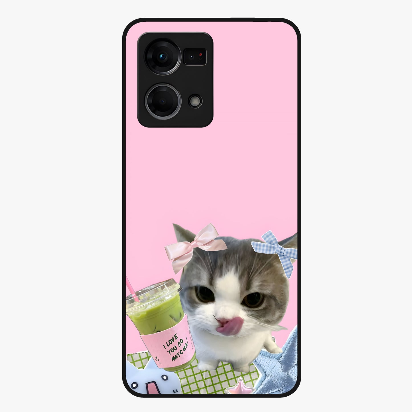 Love Matcha Cat Glass Case showing flat back view with cute cat and matcha themed artwork and glossy glass finish.