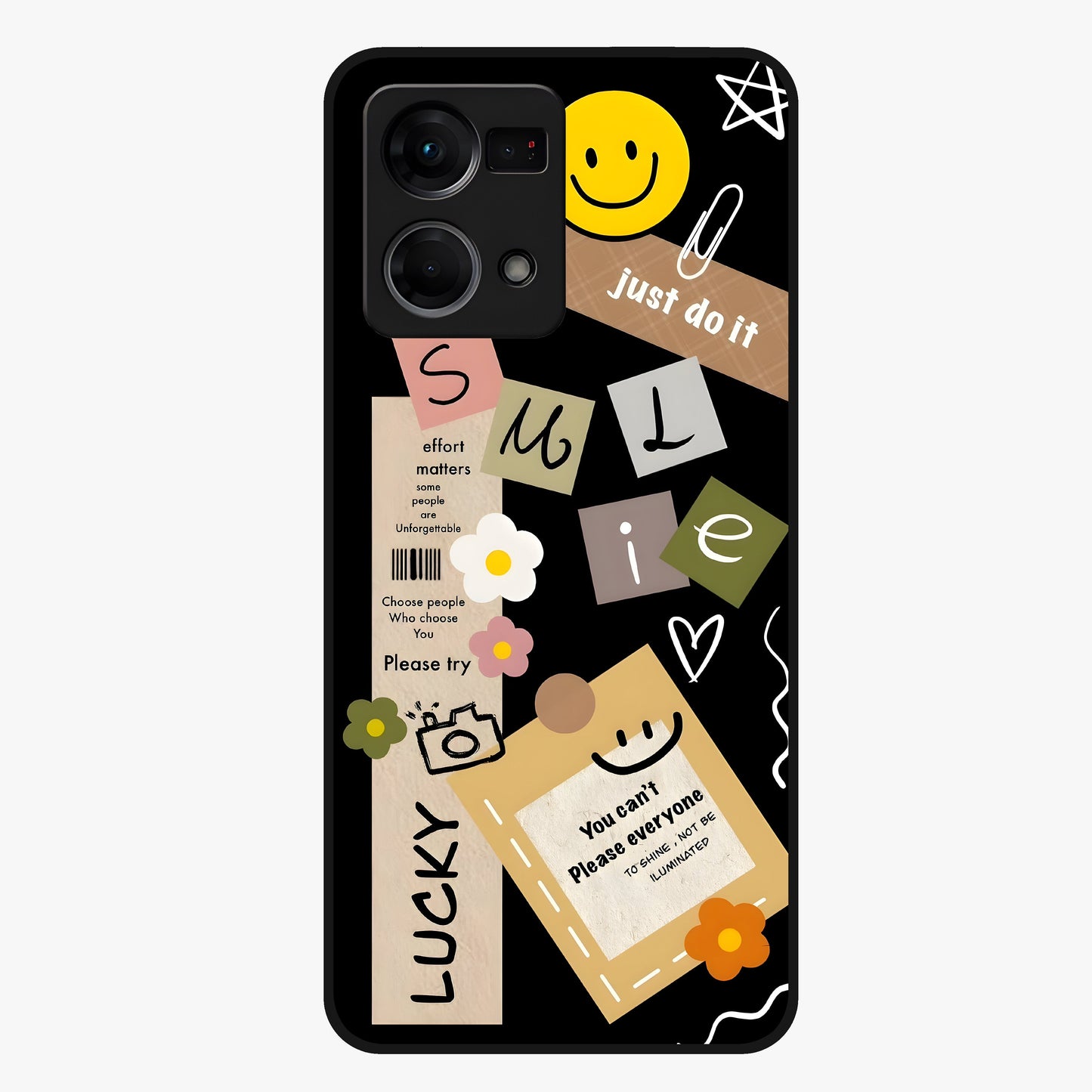 Lucky Aesthetic Collage Glass Case showing flat back view with trendy aesthetic collage artwork and glossy glass finish.