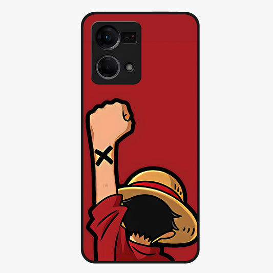 Luffy X Spirit Glass Case showing flat back view with bold anime character artwork and glossy glass finish.