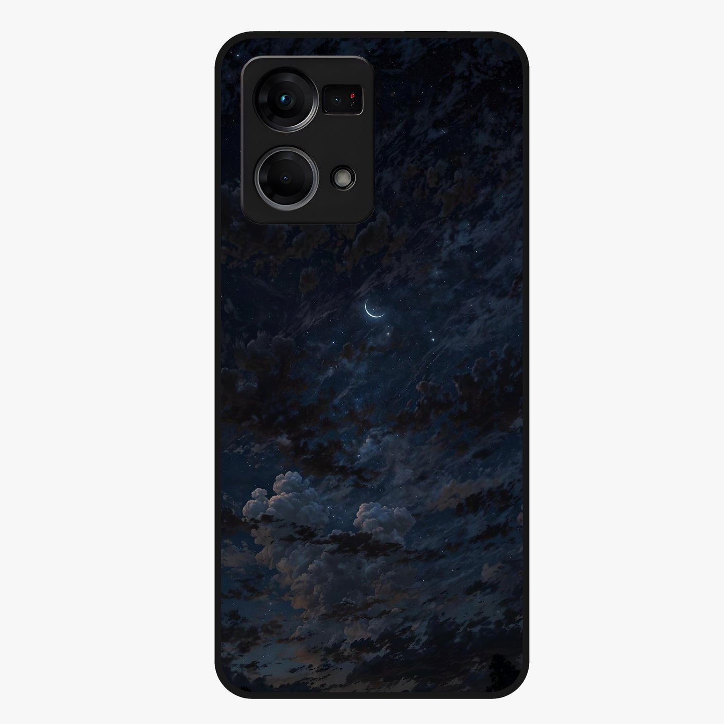 Lunar Veil Silence Glass Case showing flat back view with mystical moon veil artwork and glossy glass finish.
