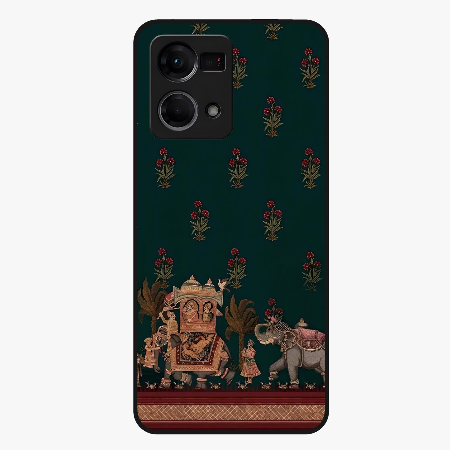 Macmerise Glass Case showing flat back view with stylish modern artwork and glossy glass finish.