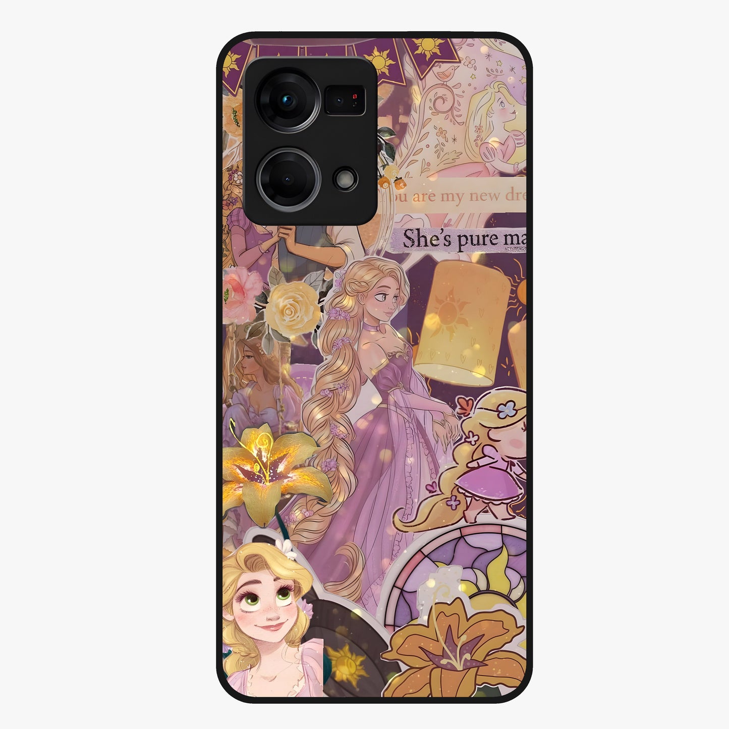 Magical Tangled Dream Glass Case showing flat back view with dreamy tangled artwork and glossy glass finish.