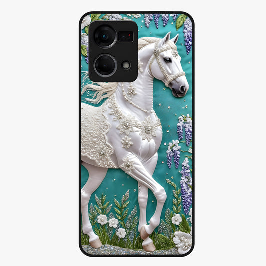 Majestic Floral Stallion Glass Case showing flat back view with powerful horse and floral artwork and glossy glass finish.