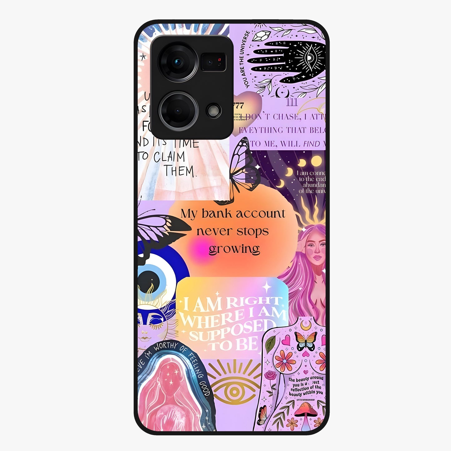 Manifestation Collage Glass Case showing flat back view with motivational collage artwork and glossy glass finish.