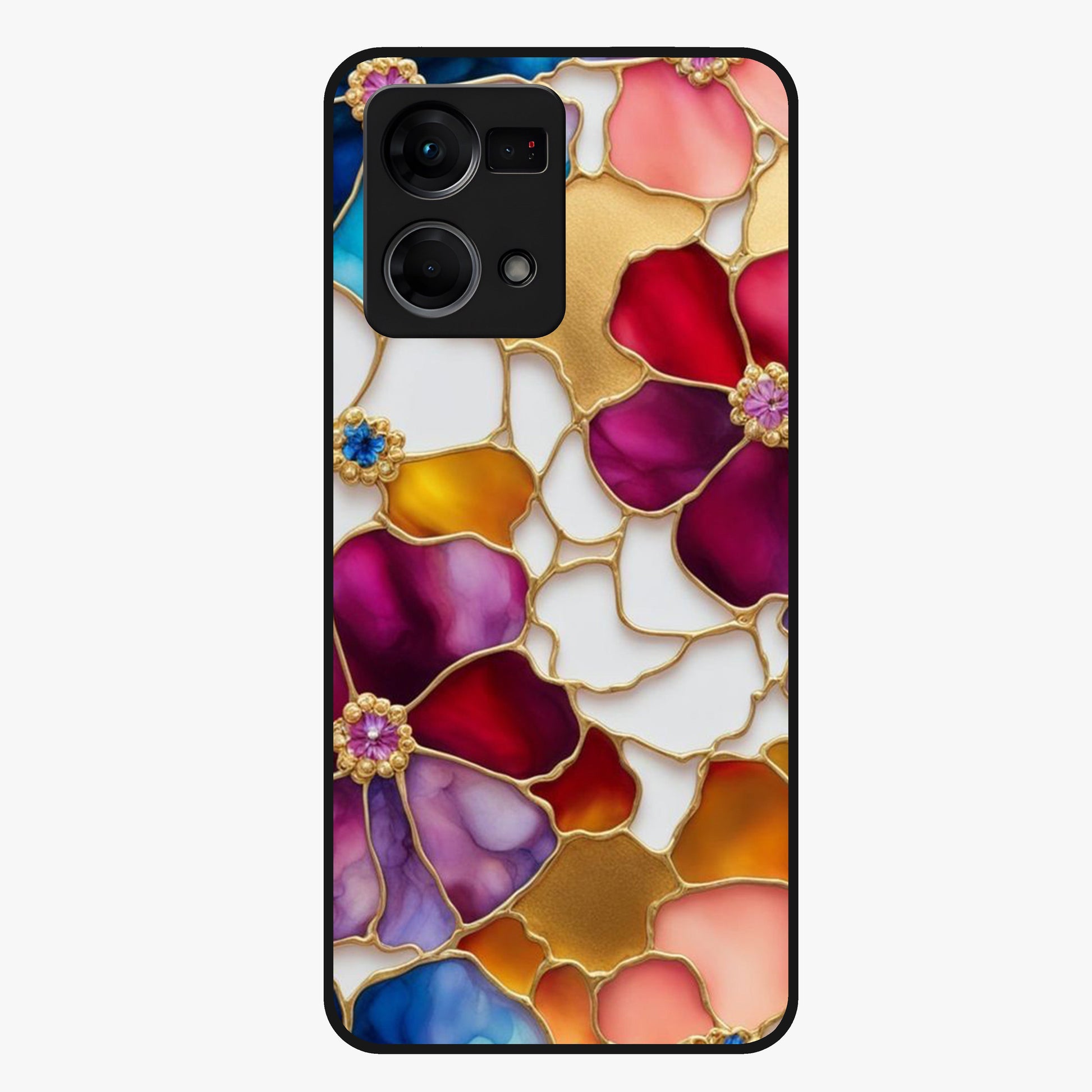 Marble Flower Pattern Glass Case showing flat back view with marble texture floral artwork and glossy glass finish.
