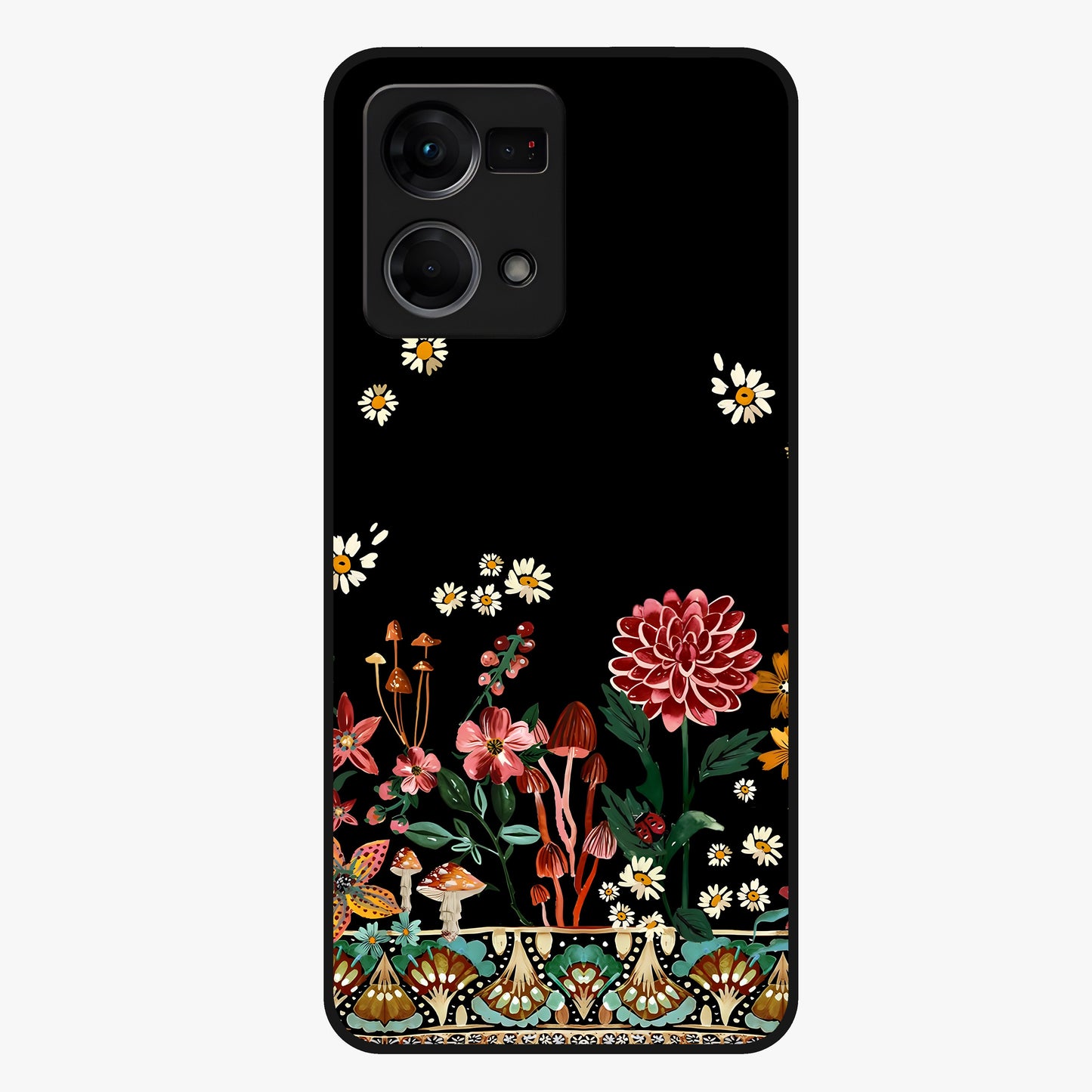 Midnight Bloom Pattern Glass Case showing flat back view with dark floral pattern artwork and glossy glass finish.