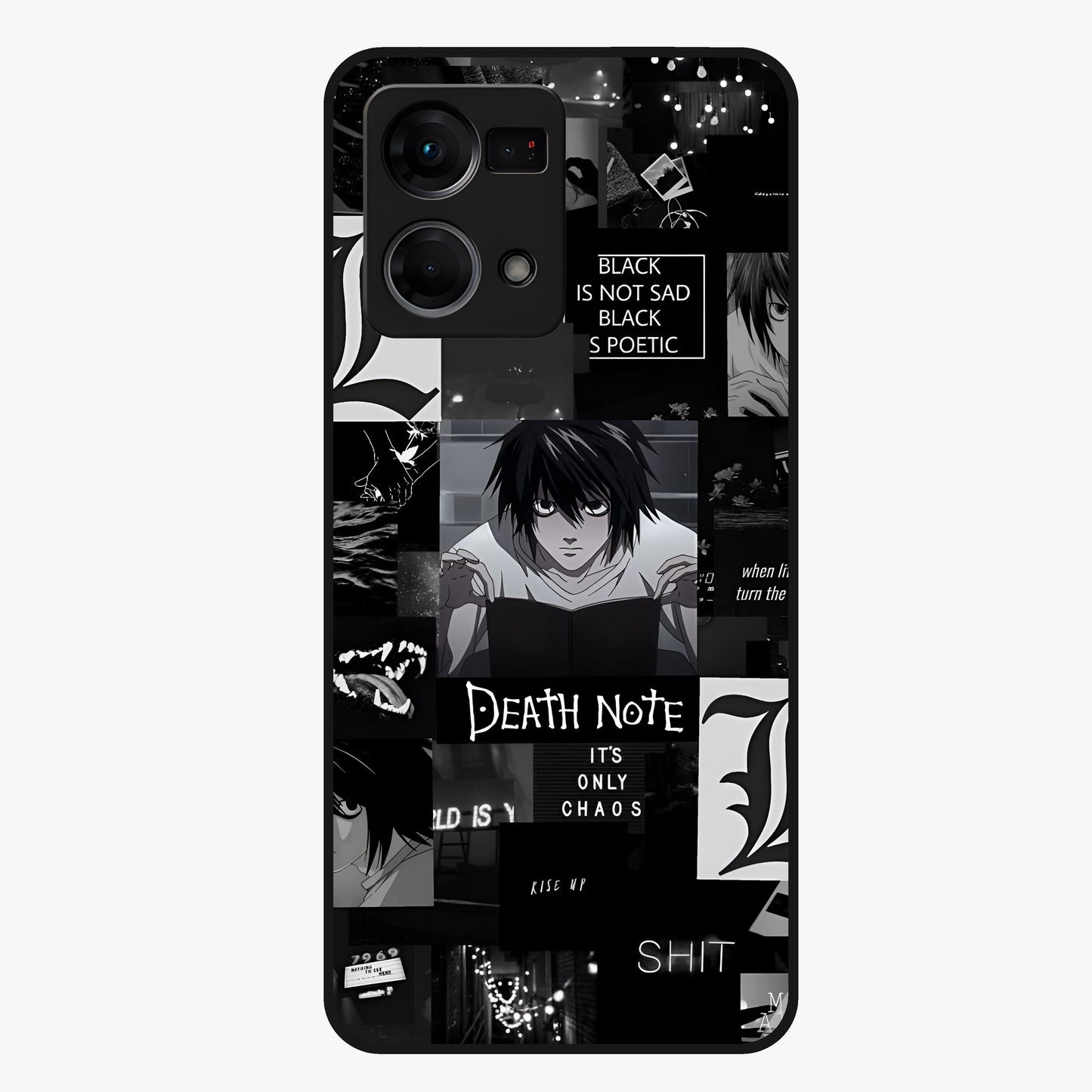 Midnight Chaos Mind Glass Case showing flat back view with abstract dark themed artwork and glossy glass finish.