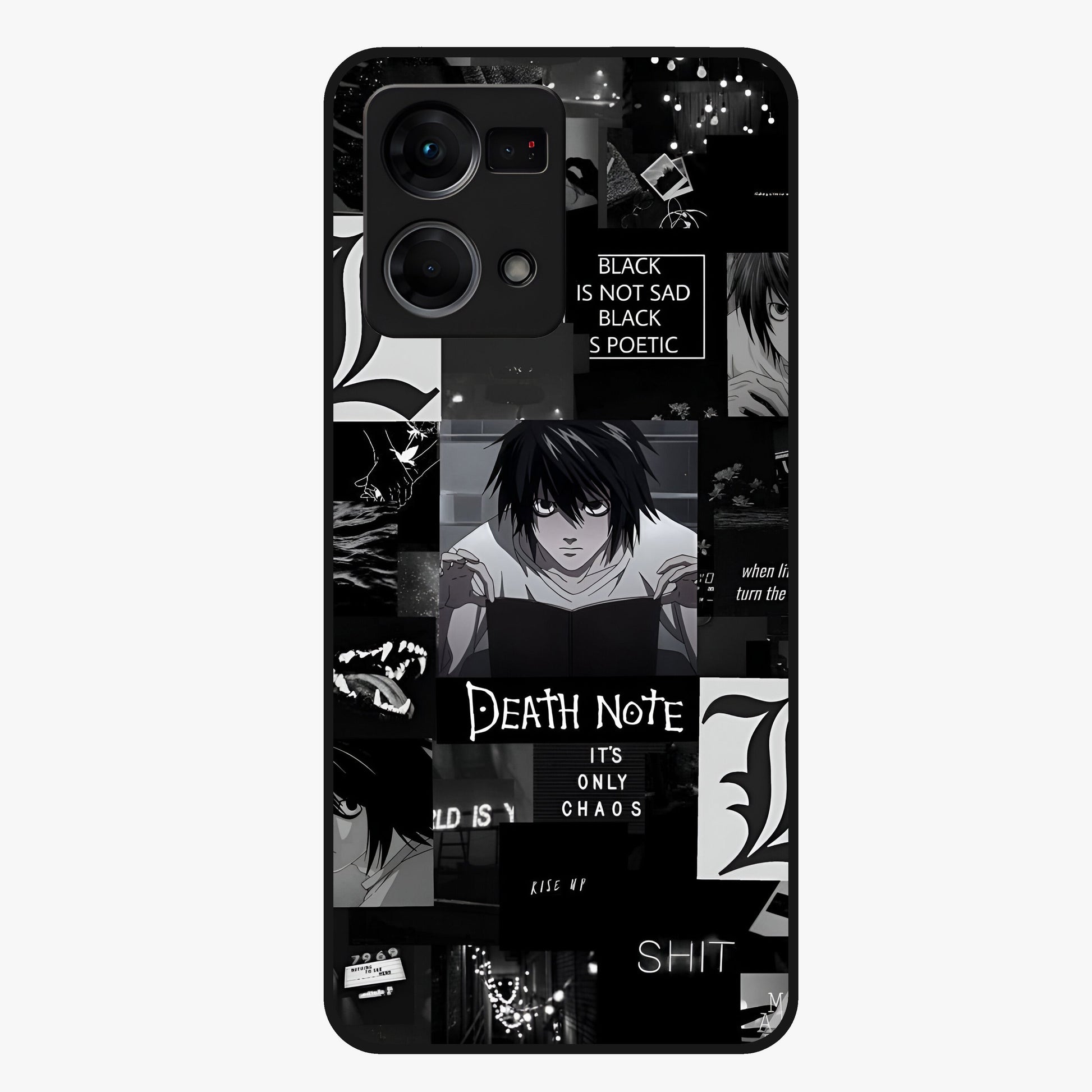 Midnight Chaos Mind Glass Case showing flat back view with abstract dark themed artwork and glossy glass finish.