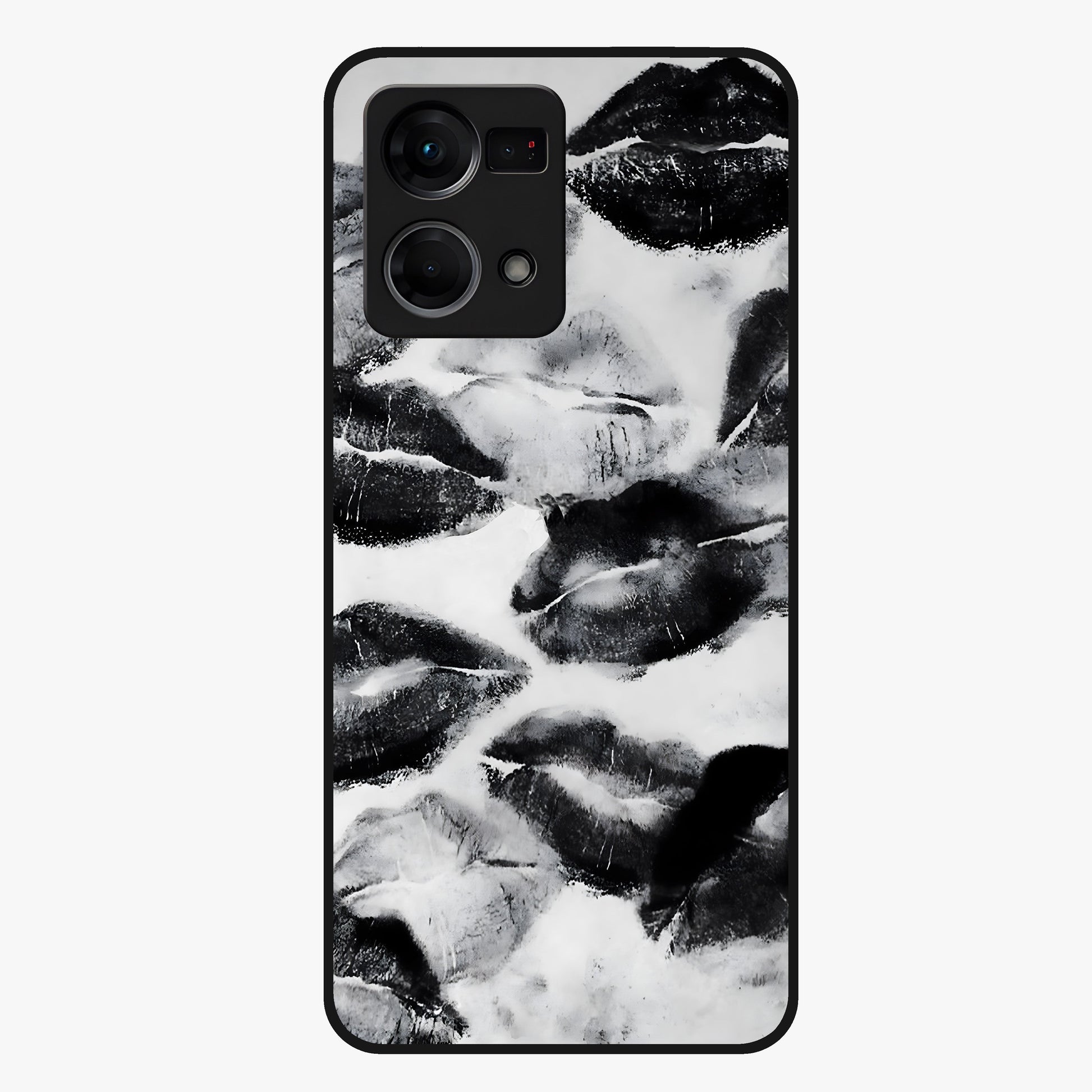 Midnight Kiss Marks Glass Case showing flat back view with lipstick kiss mark artwork and glossy glass finish.
