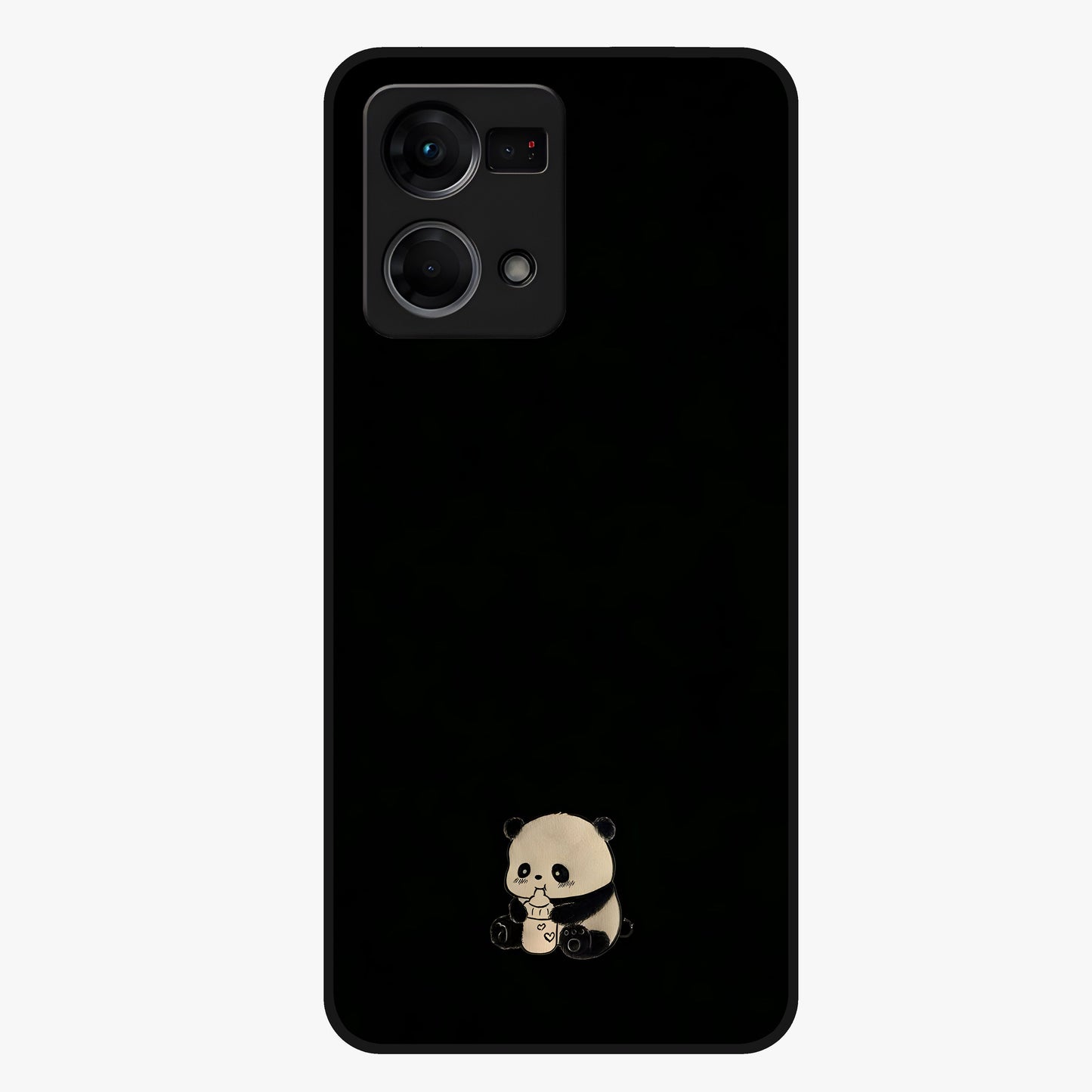 Midnight Panda Love Glass Case showing flat back view with cute panda themed artwork and glossy glass finish.