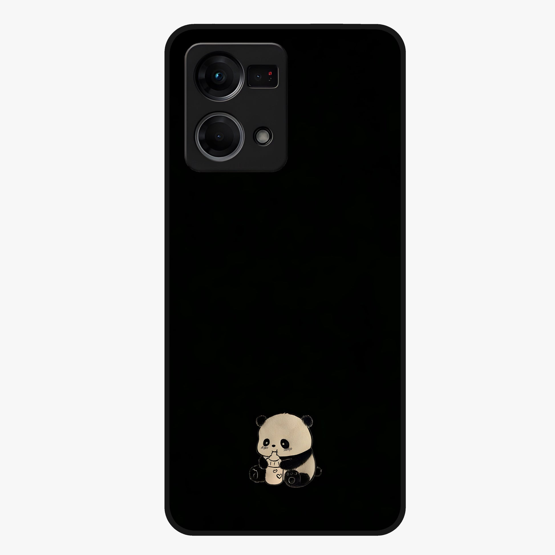 Midnight Panda Love Glass Case showing flat back view with cute panda themed artwork and glossy glass finish.