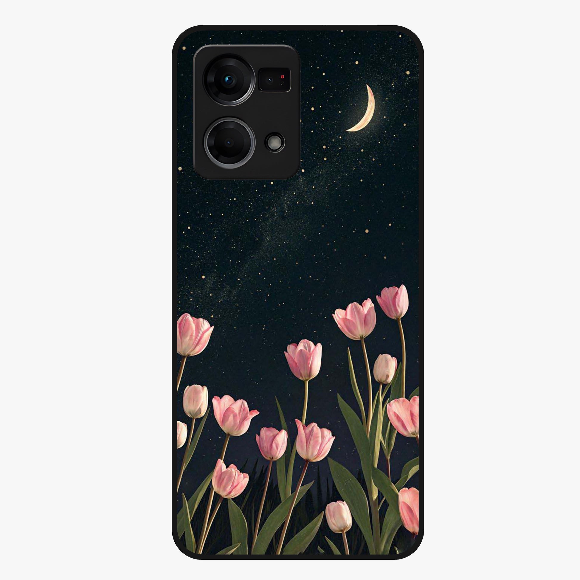 Midnight Tulip Whispers Vibe Glass Case showing flat back view with elegant tulip flower artwork and glossy glass finish.