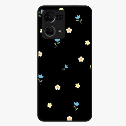 Minimalistic Blue With White Flower Pattern Glass Case showing flat back view with blue background and white flower pattern and glossy glass finish.