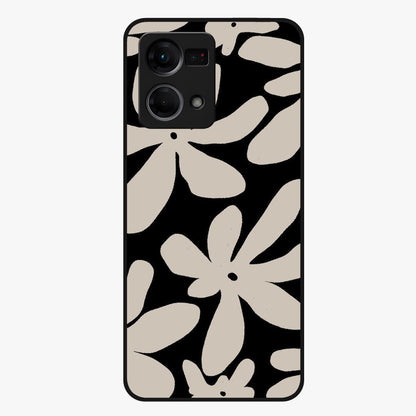 Monochrome Petal Dance Glass Case showing flat back view with monochrome floral artwork and glossy glass finish.