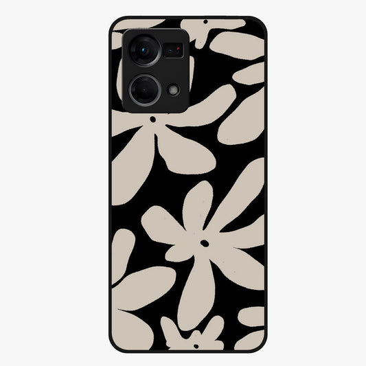 Monochrome Petal Dance Glass Case showing flat back view with monochrome floral artwork and glossy glass finish.