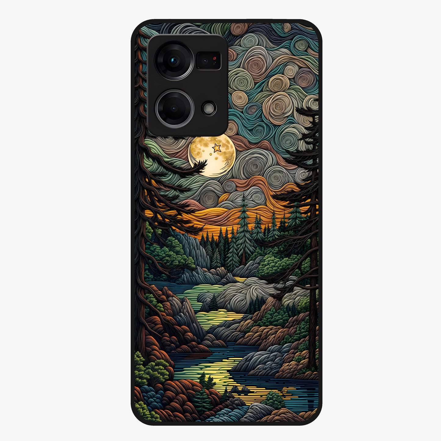 Moonlight Forest Dream Glass Case showing flat back view with mystical forest moonlight artwork and glossy glass finish.