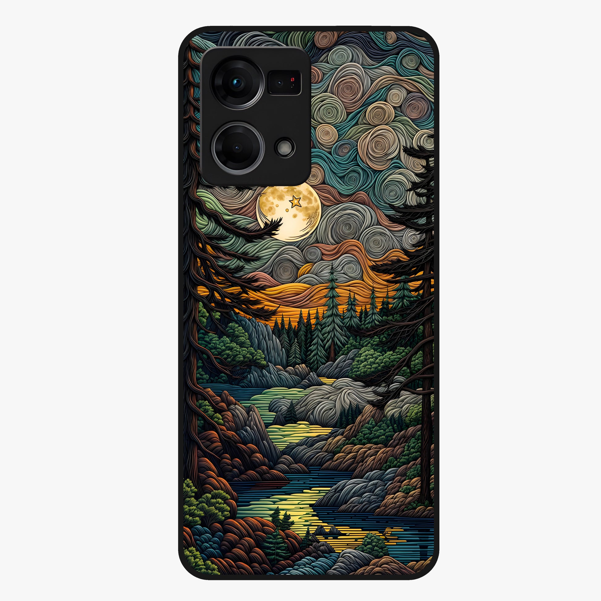 Moonlight Forest Dream Glass Case showing flat back view with mystical forest moonlight artwork and glossy glass finish.