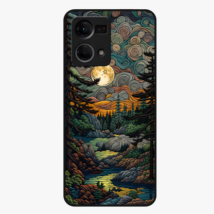 Moonlight Forest Dream Glass Case showing flat back view with mystical forest moonlight artwork and glossy glass finish.