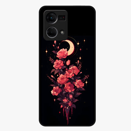 Moonlit Floral Elegance Glass Case showing flat back view with elegant floral artwork under moonlit tones and glossy glass finish.