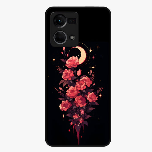 Moonlit Floral Elegance Glass Case showing flat back view with elegant floral artwork under moonlit tones and glossy glass finish.