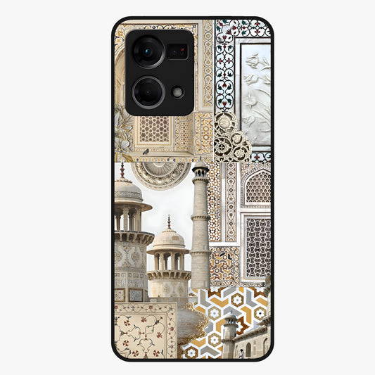 Mughal Marble Legacy Glass Case showing flat back view with intricate Mughal inspired marble pattern and glossy glass finish.